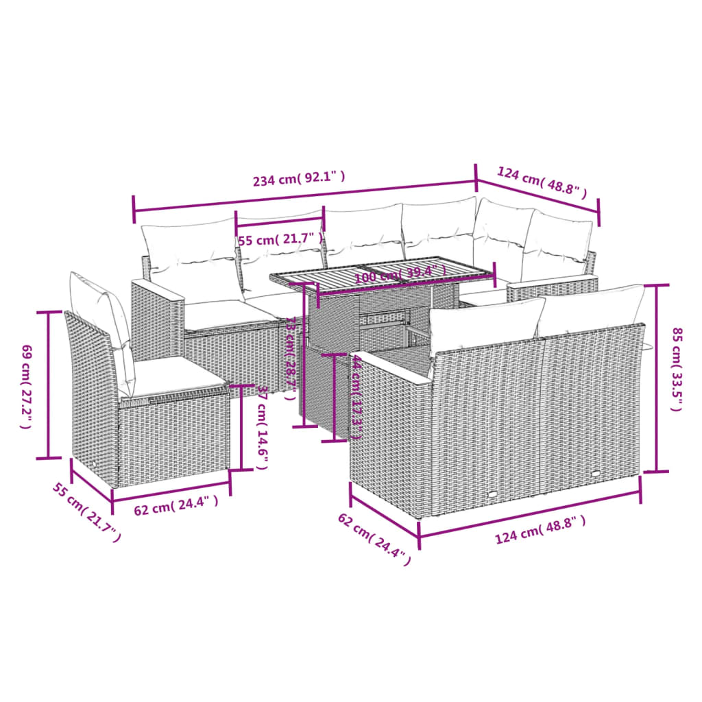 vidaXL 9-delige Loungeset met kussens poly rattan zwart