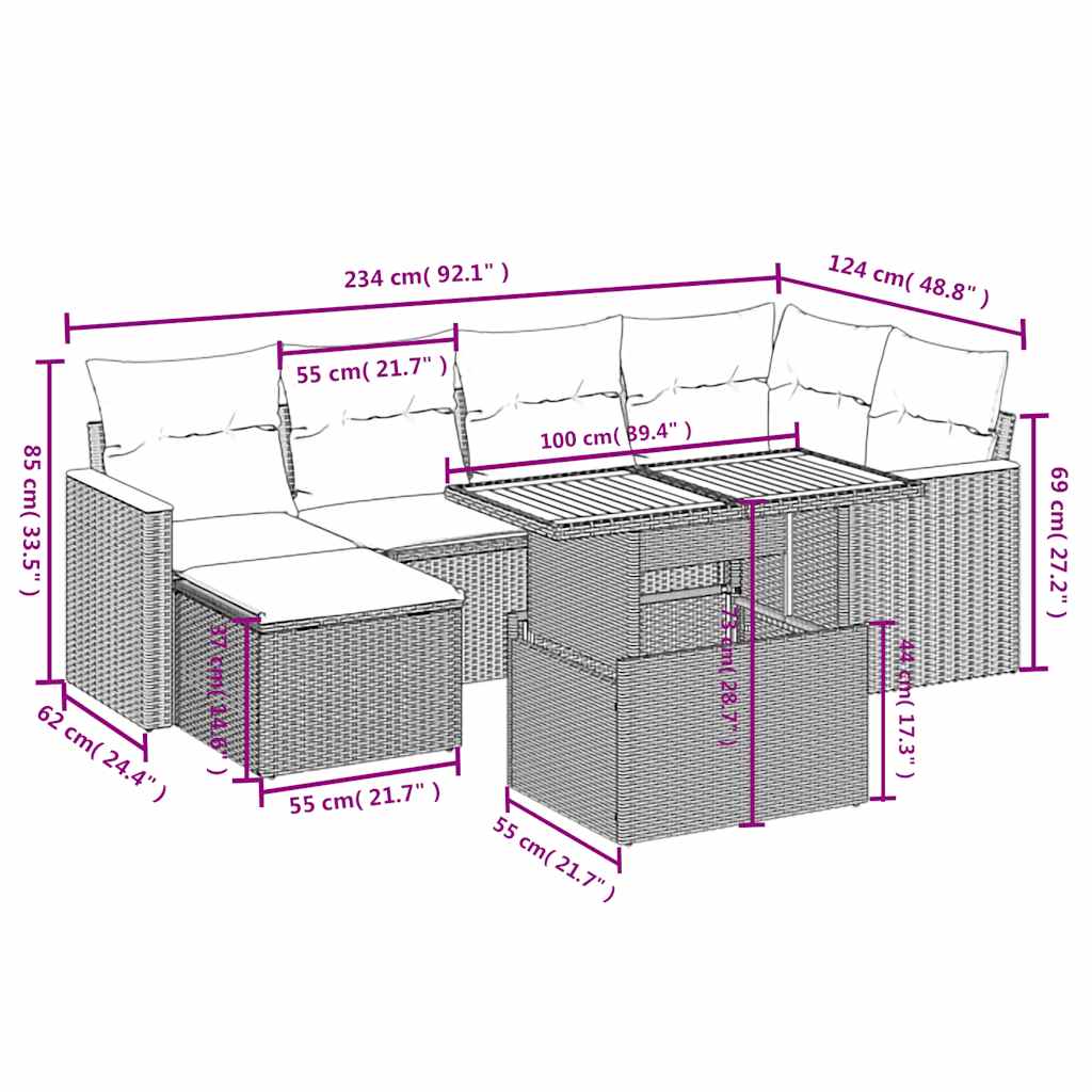 vidaXL 7-Piece Lounge Set with Cushions Poly Rattan Black