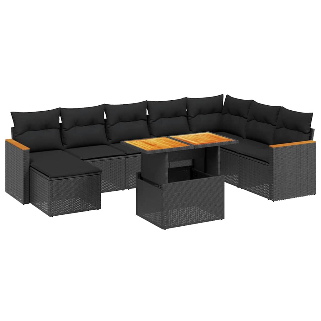 vidaXL 9-delige Loungeset met kussens poly rattan zwart