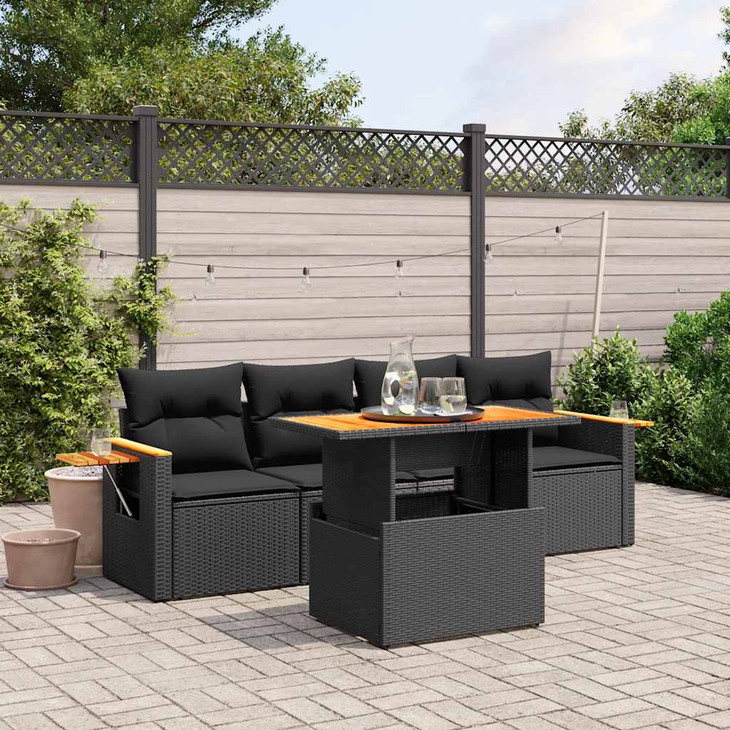 vidaXL 5-delige Loungeset met kussens poly rattan zwart