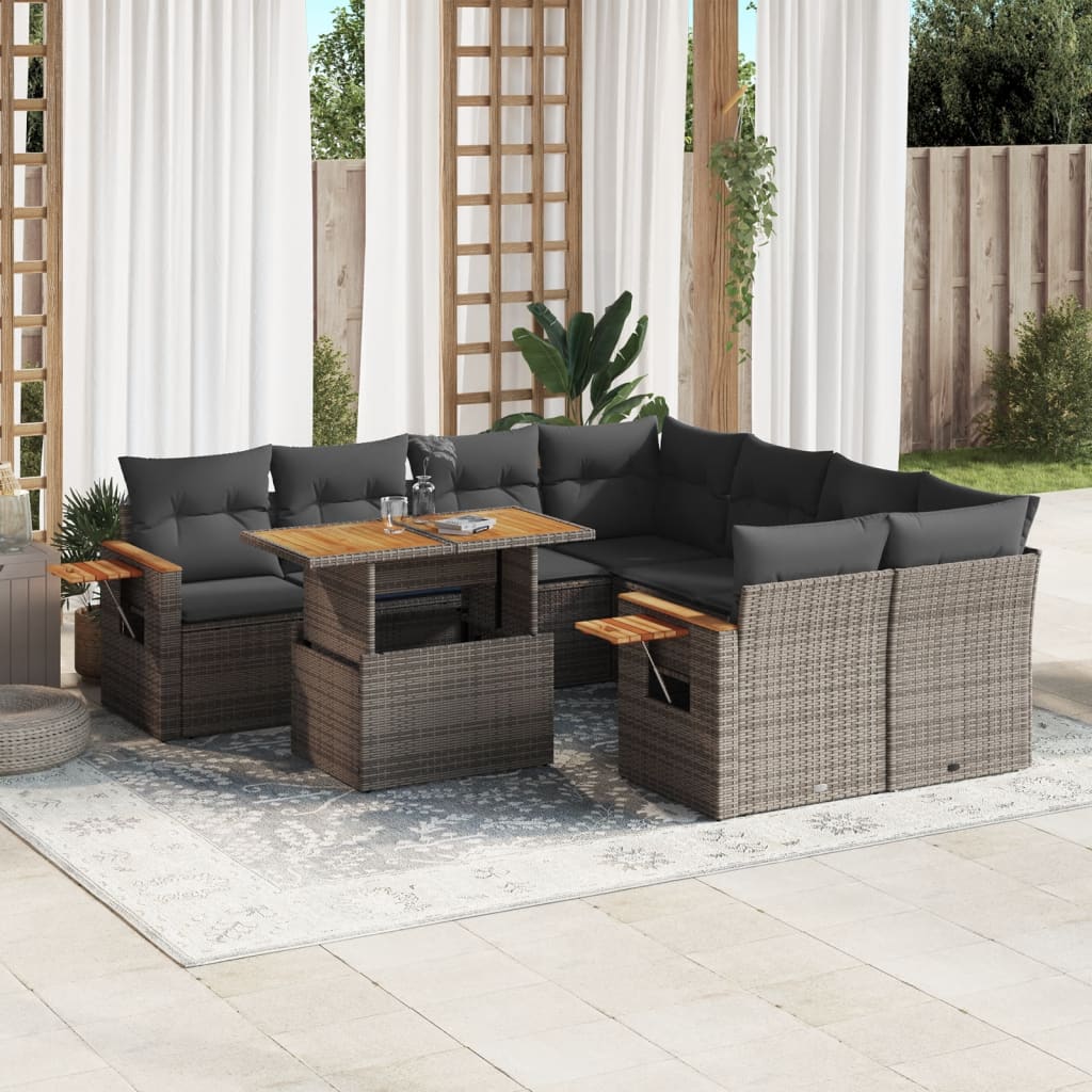 vidaXL 9-delige Loungeset met kussens poly rattan zwart