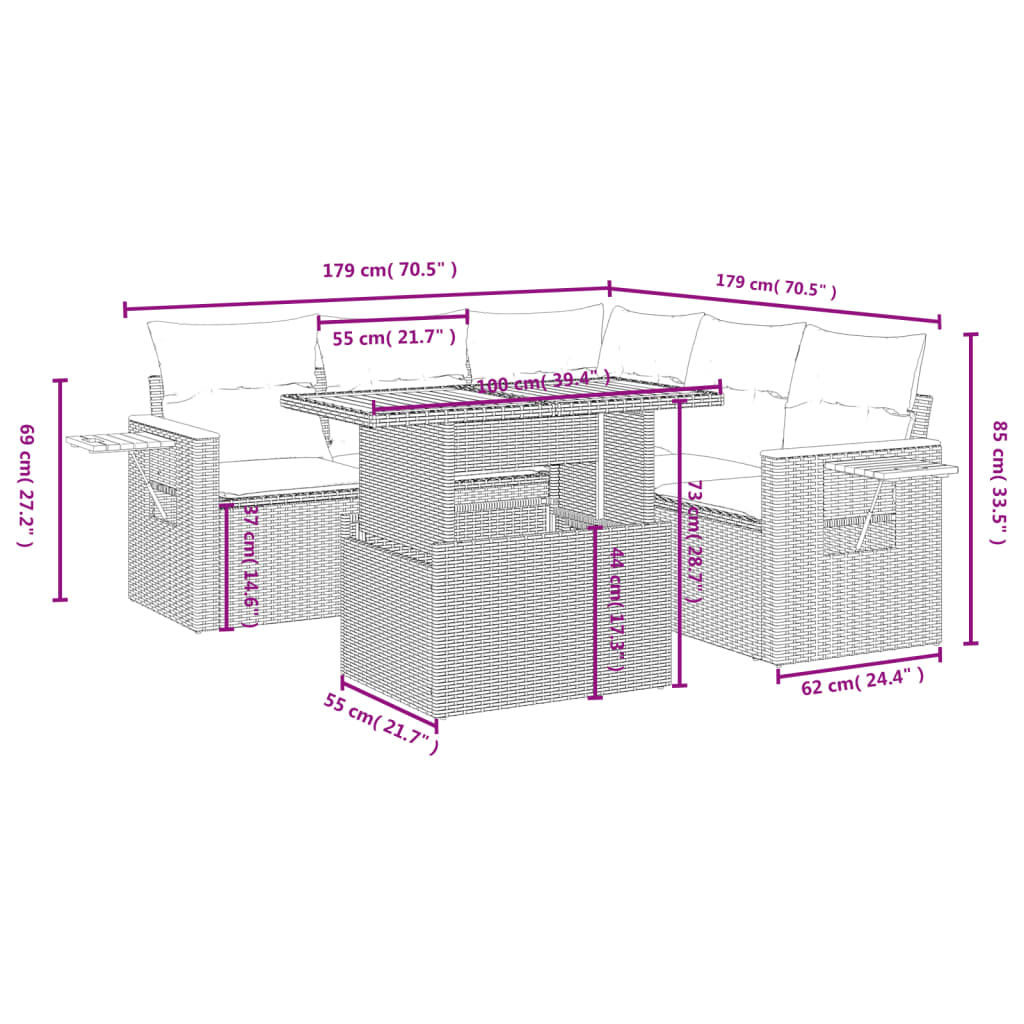 vidaXL 6-piece Lounge Set with Cushions Poly Rattan Black