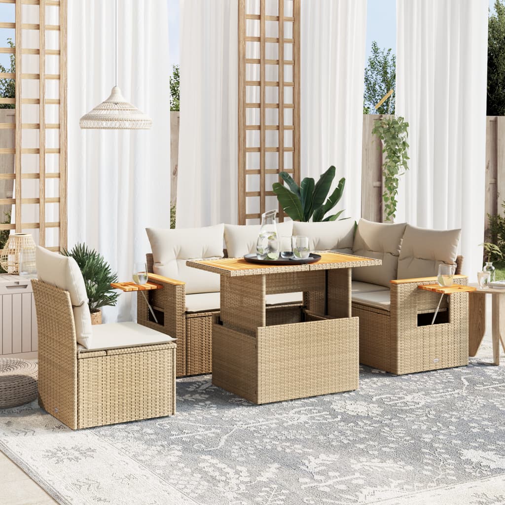 vidaXL 6-delige Loungeset met kussens poly rattan zwart