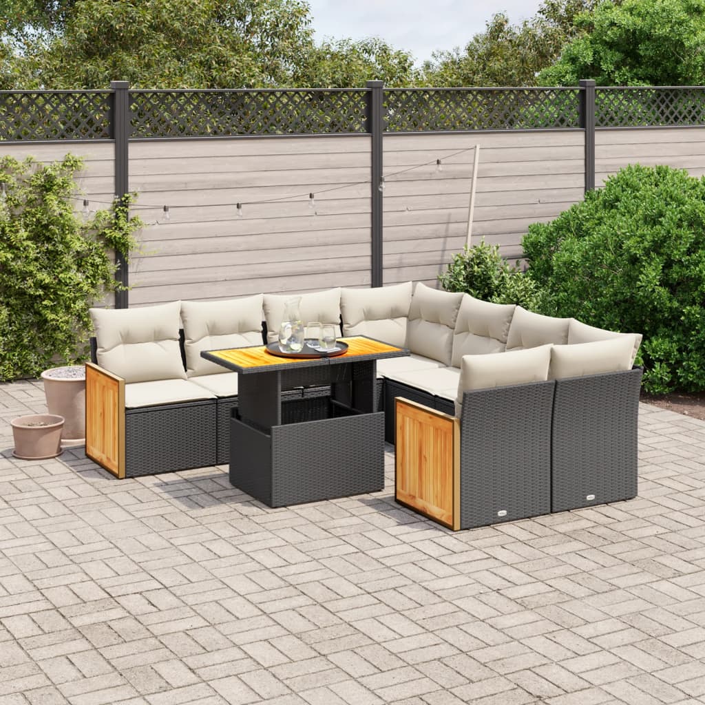 vidaXL 9-delige Loungeset met kussens poly rattan zwart