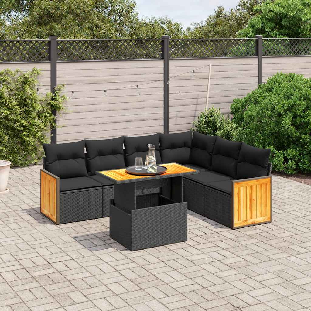 vidaXL 7-delige Loungeset met kussens poly rattan zwart