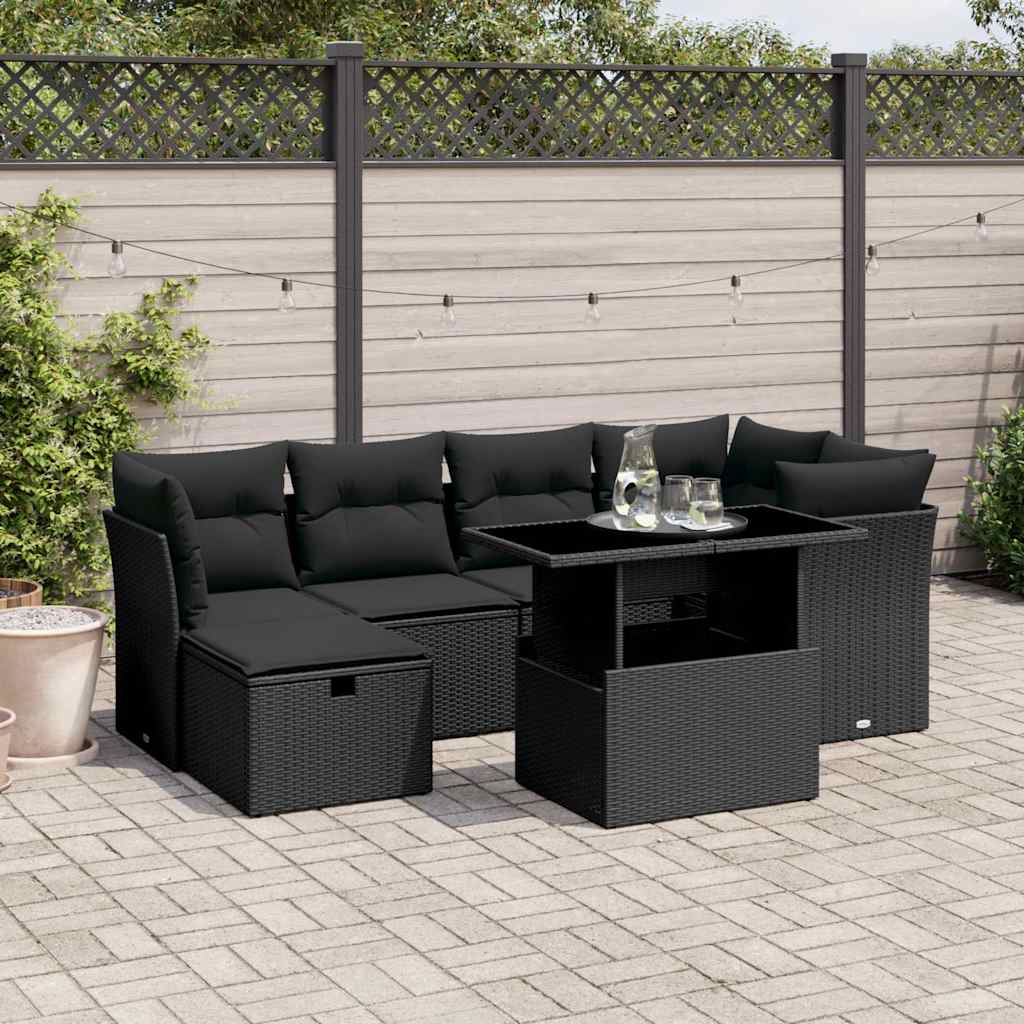 vidaXL 7-Piece Lounge Set with Cushions Poly Rattan Black