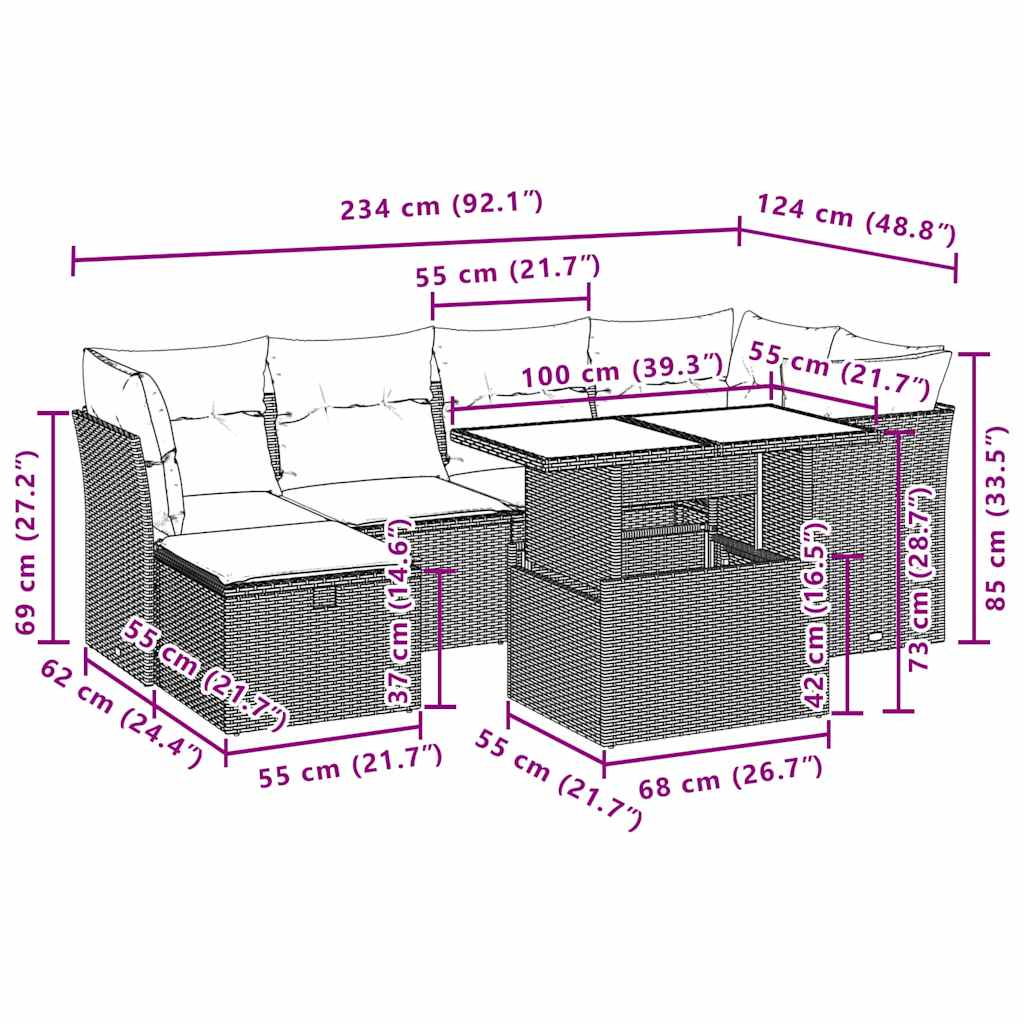 vidaXL 7-Piece Lounge Set with Cushions Poly Rattan Black