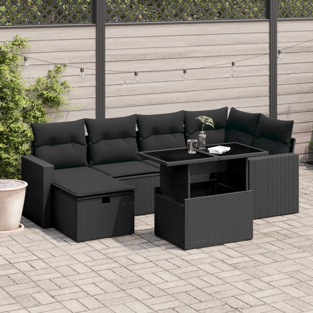 vidaXL 7-delige Loungeset met kussens poly rattan zwart