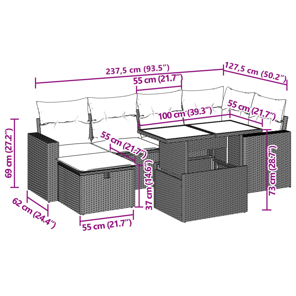 vidaXL 7-delige Loungeset met kussens poly rattan zwart