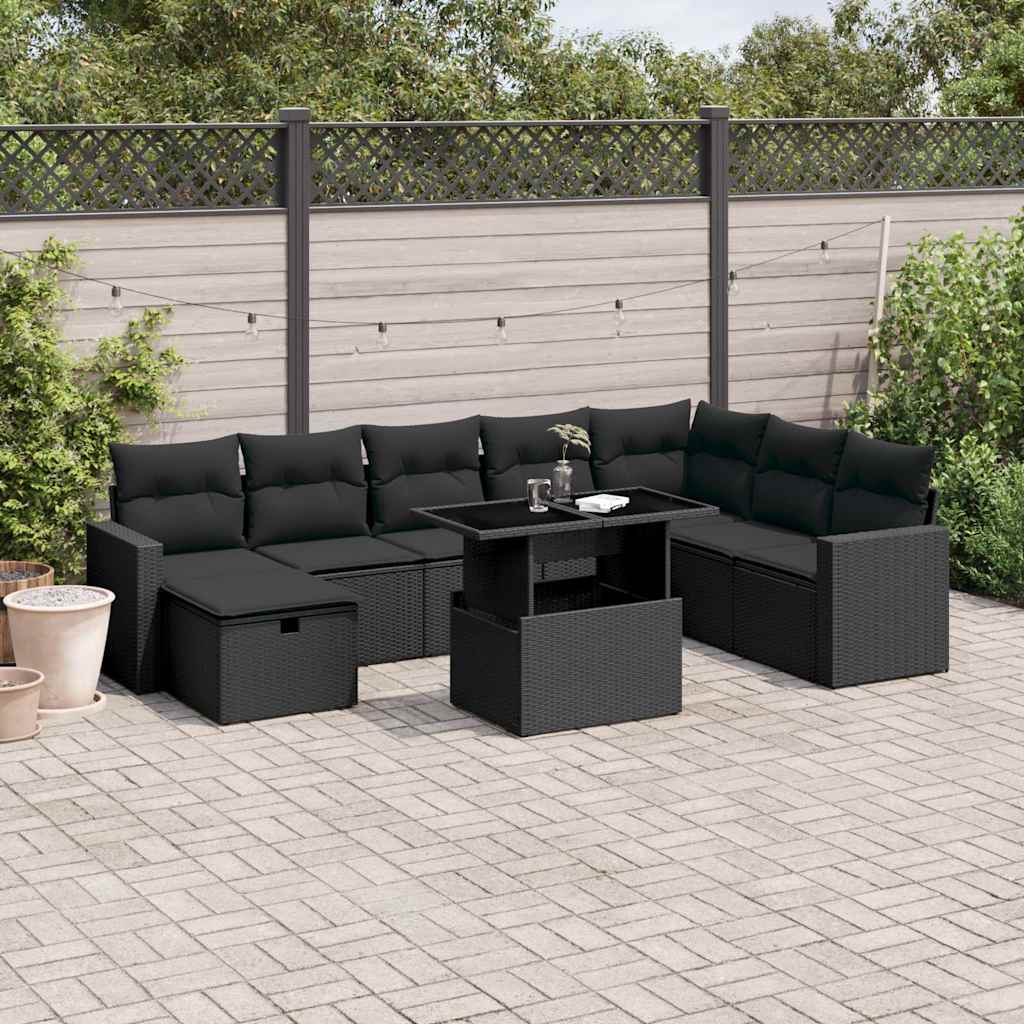 vidaXL 9-delige Loungeset met kussens poly rattan zwart