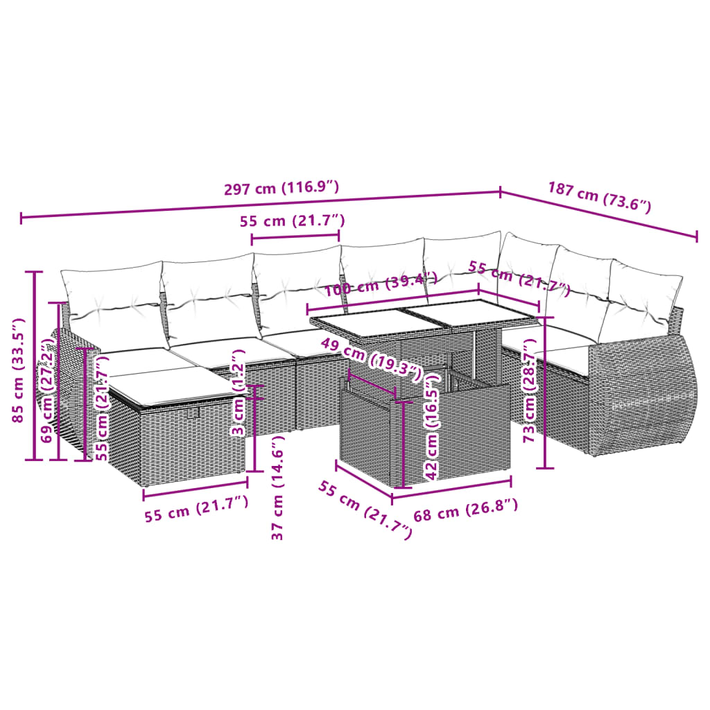 vidaXL 9-delige Loungeset met kussens poly rattan zwart
