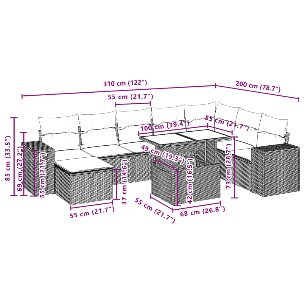 vidaXL 9-piece Poly Rattan Lounge Set with Cushions Black