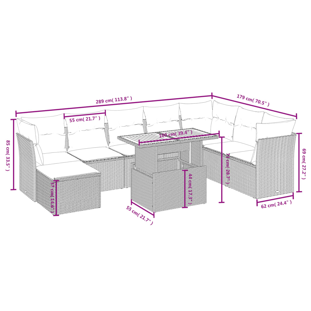 vidaXL 9-delige Loungeset met kussens poly rattan zwart