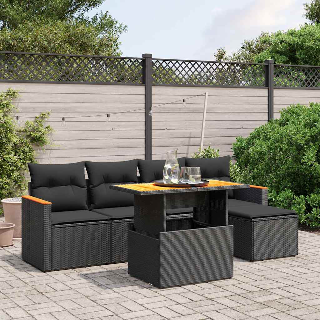vidaXL 6-delige Loungeset met kussens poly rattan zwart
