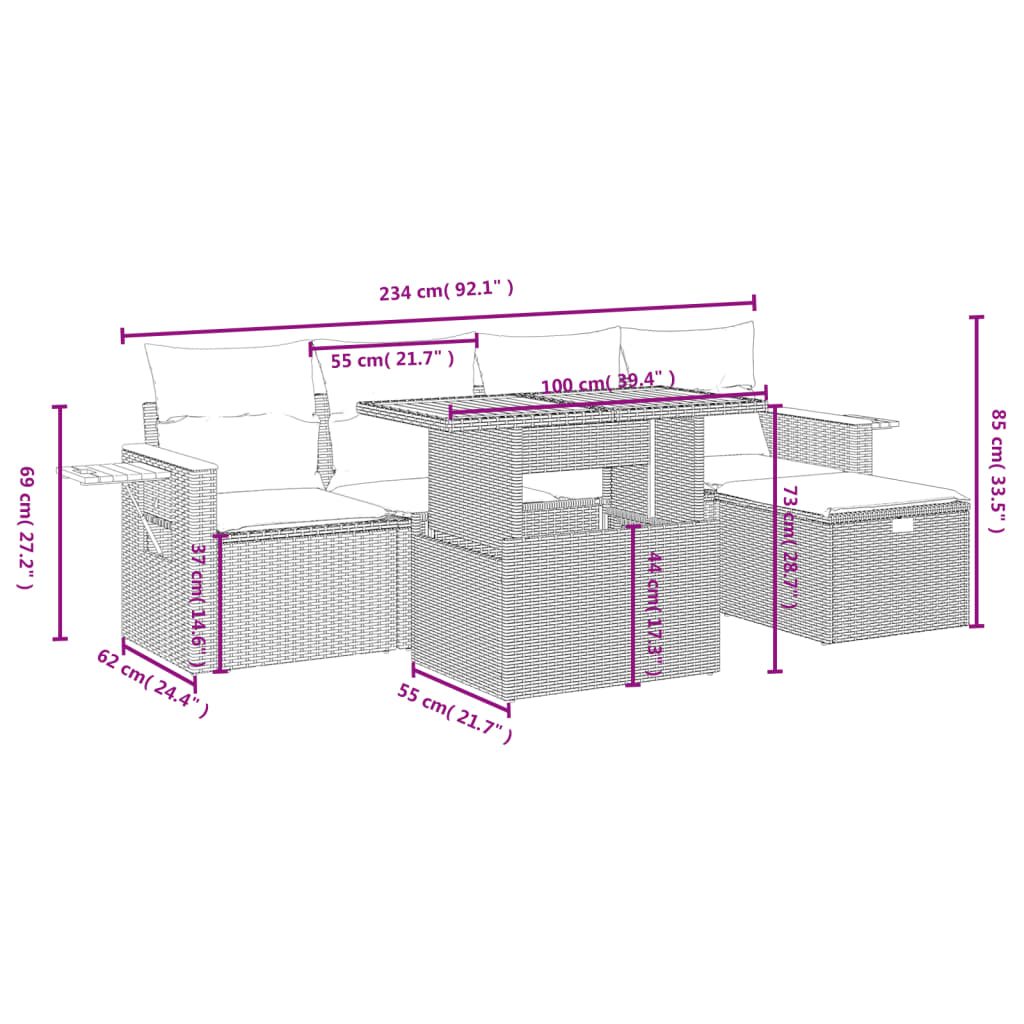 vidaXL 6-delige Loungeset met kussens poly rattan zwart