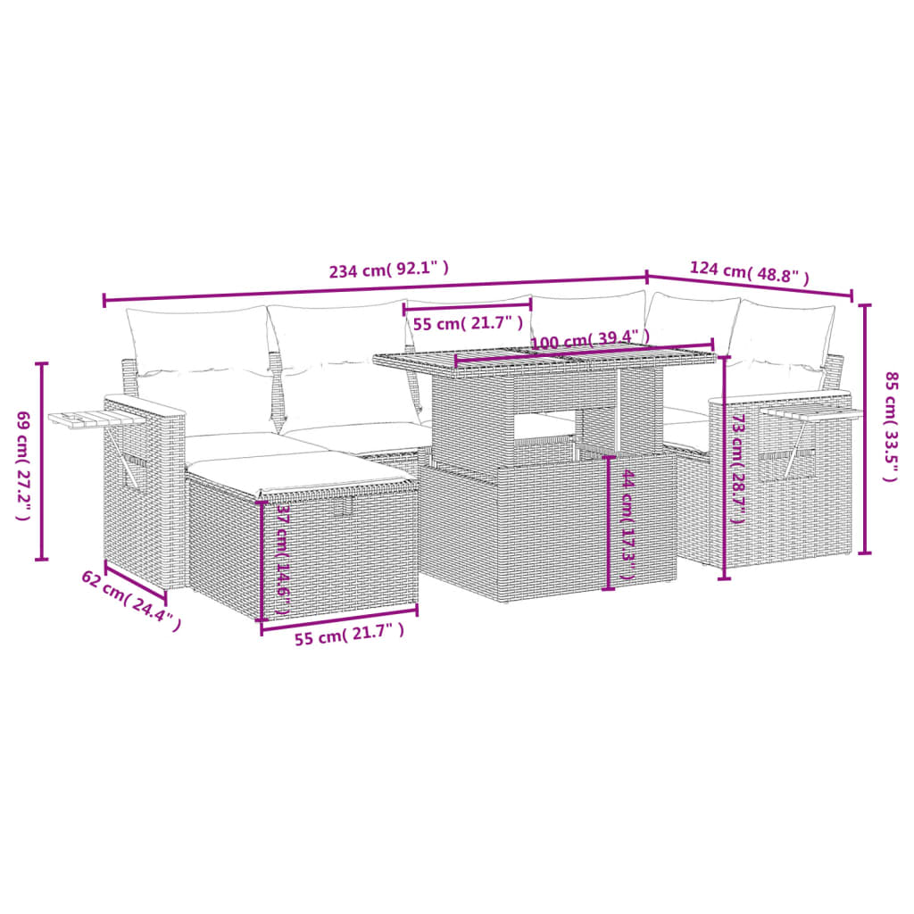 vidaXL 7-delige Loungeset met kussens poly rattan zwart