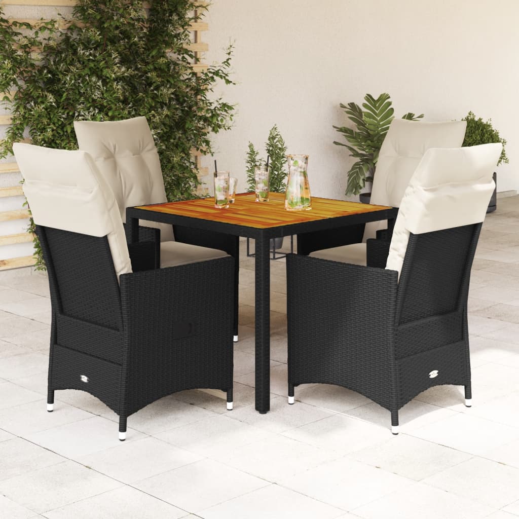 vidaXL 3-delige Bistroset met kussens poly rattan en acaciahout zwart