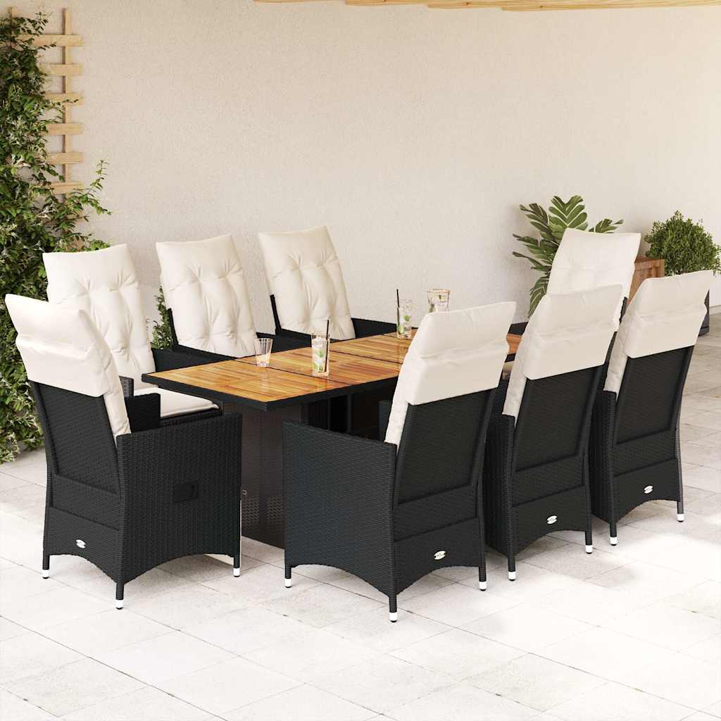 vidaXL 3-delige Bistroset met kussens poly rattan en acaciahout zwart
