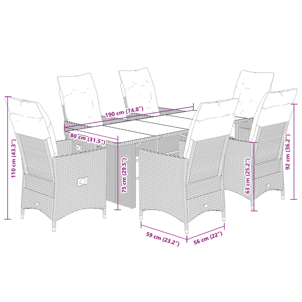 vidaXL 7-delige Tuinset met kussens poly rattan zwart