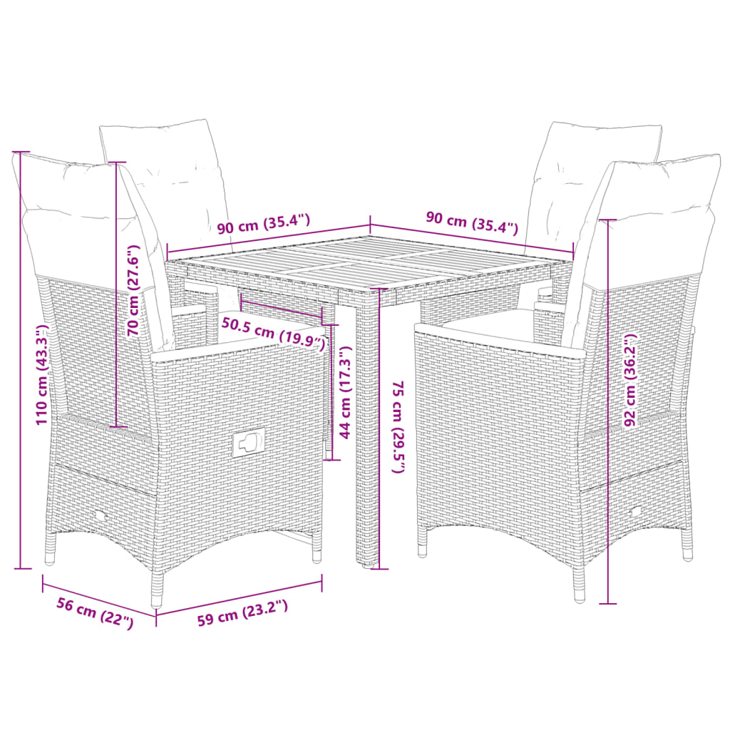 vidaXL 3-delige Bistroset met kussens poly rattan grijs