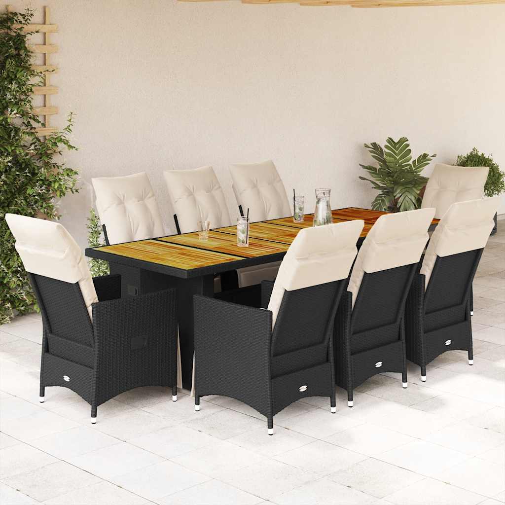 vidaXL 9-delige Bistroset met kussens poly rattan zwart