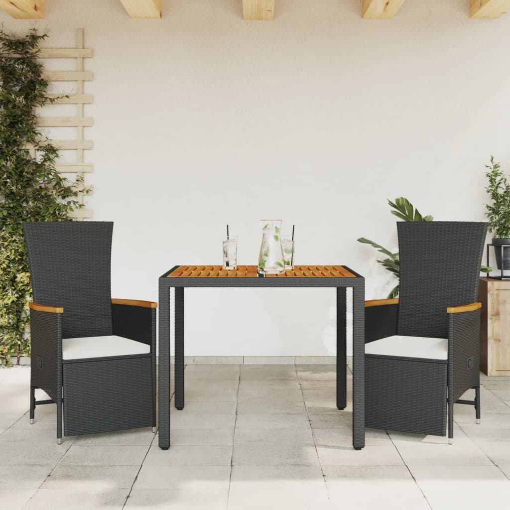 vidaXL 3-delige Tuinset met kussens poly rattan zwart
