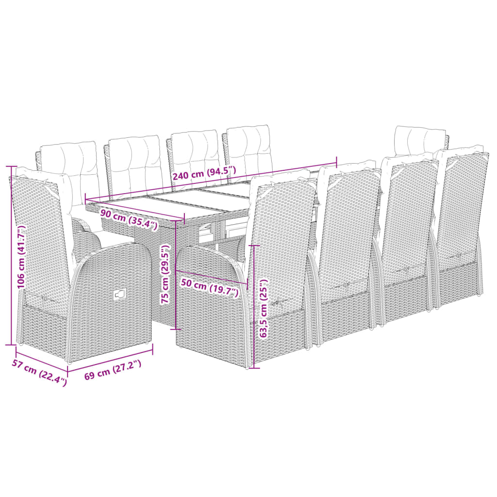 vidaXL 7-delige Tuinset met kussens poly rattan zwart