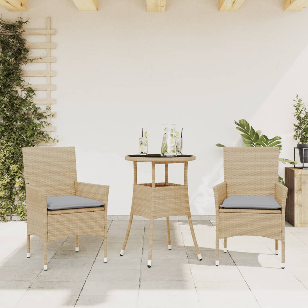 vidaXL 3-delige Tuinset met kussens poly rattan en glas zwart