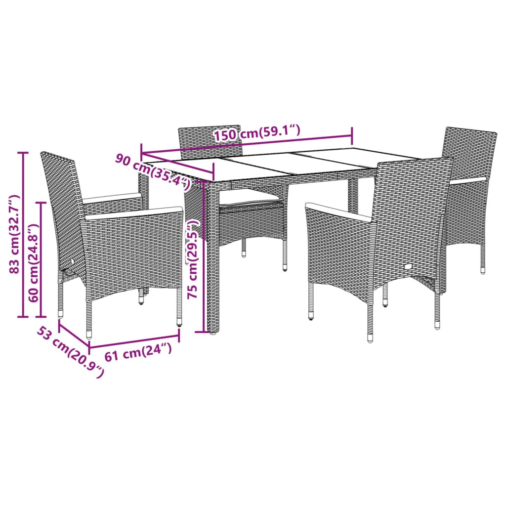 vidaXL 3-delige Tuinset met kussens poly rattan en acaciahout zwart