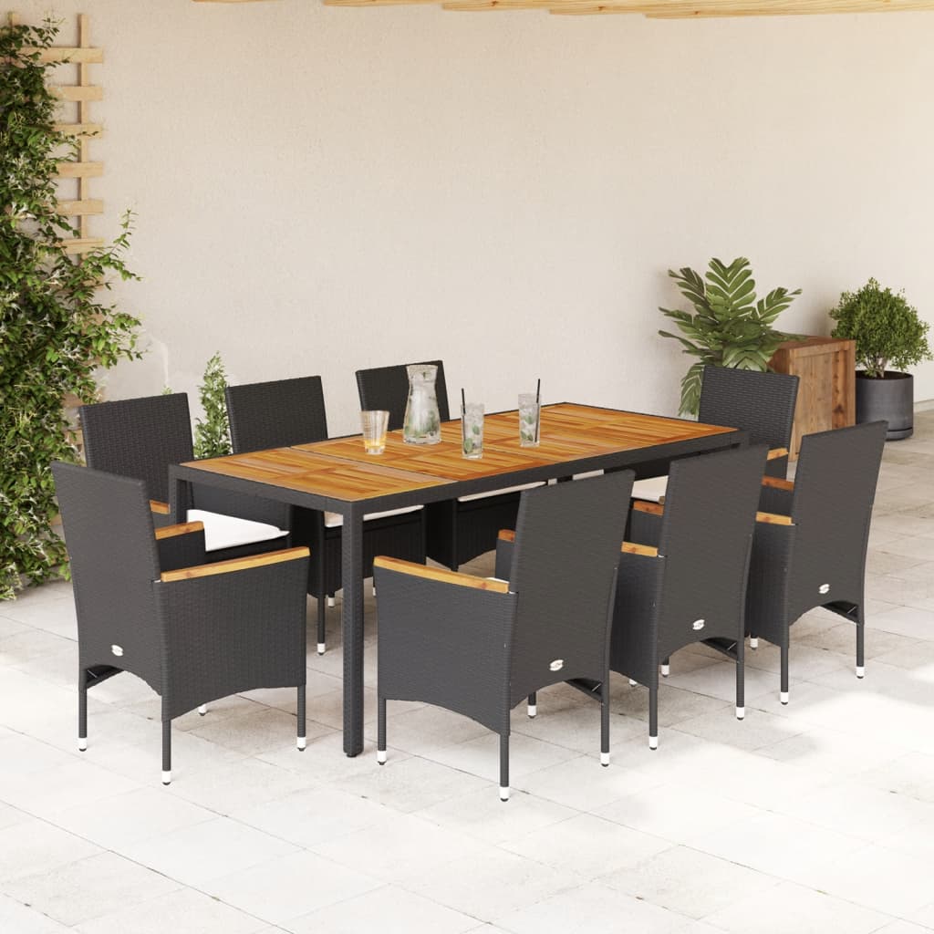 vidaXL 3-delige Tuinset met kussens poly rattan en acaciahout zwart