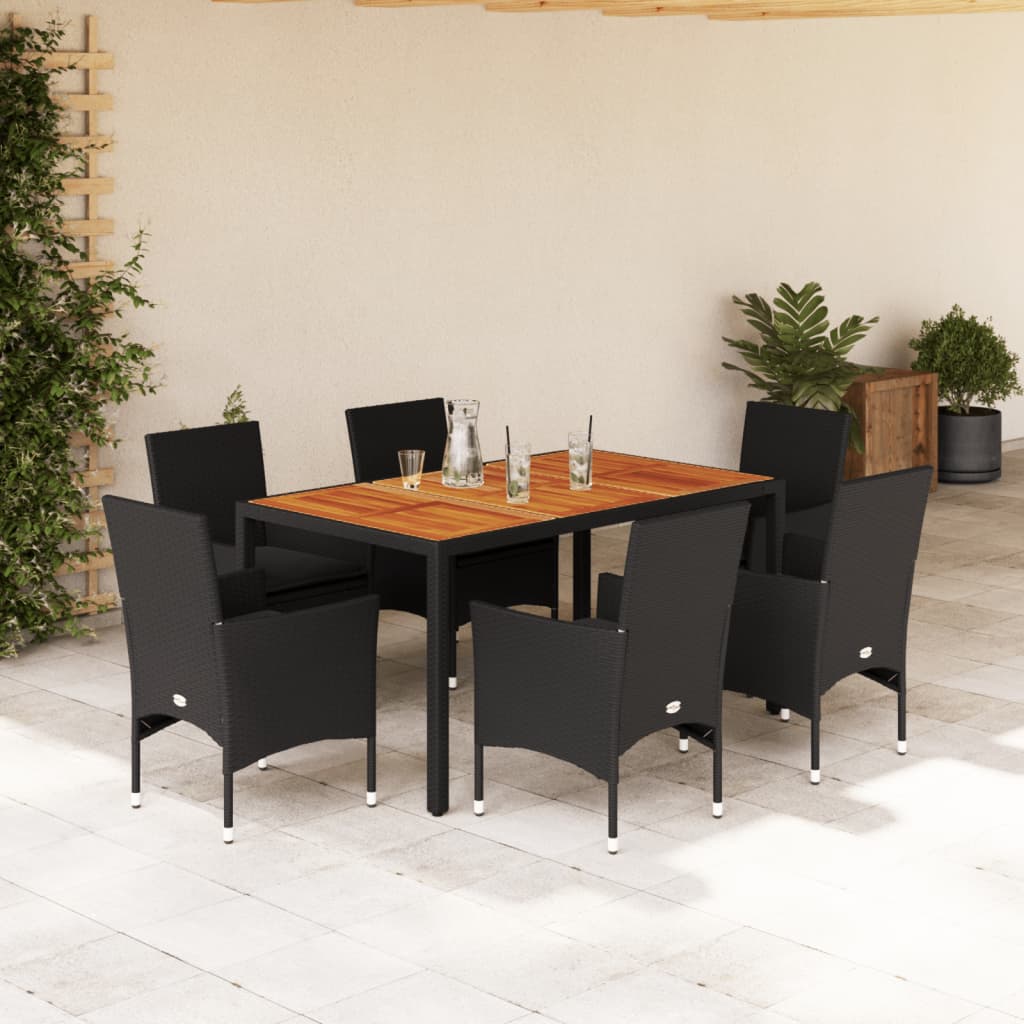 vidaXL 3-delige Tuinset met kussens poly rattan en acaciahout zwart