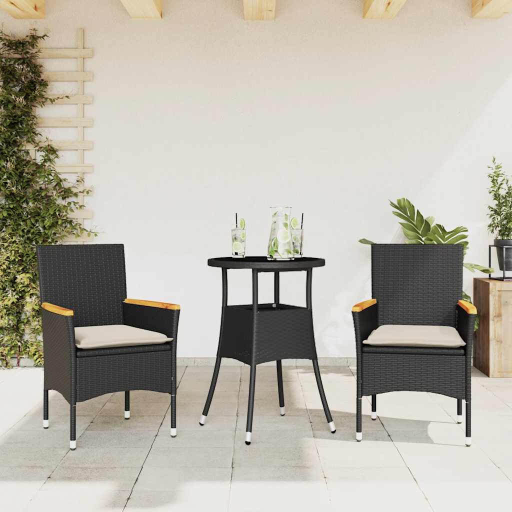 vidaXL 3-Piece Garden Lounge Set with Cushions Poly Rattan and Glass Black