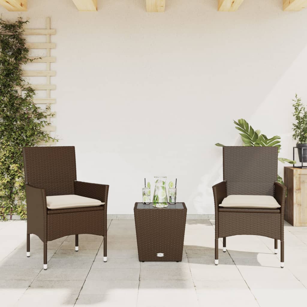 vidaXL 3-Piece Bistro Set with Cushions Poly Rattan and Glass Black
