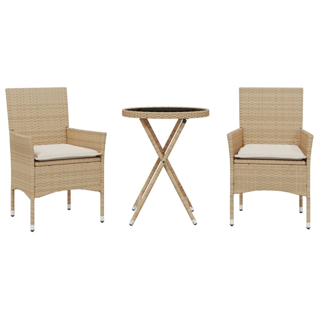 vidaXL 3-delige Bistroset met kussens poly rattan en glas zwart
