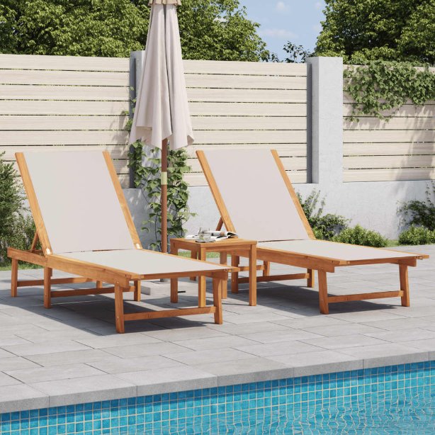 vidaXL Sun Loungers 2 pcs with Table Solid Acacia Wood and Textilene