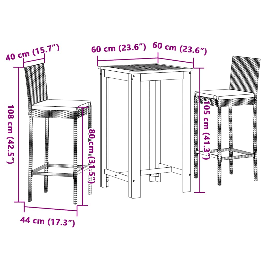 vidaXL 3-Piece Garden Bar Set Solid Acacia Wood and Poly Rattan Black