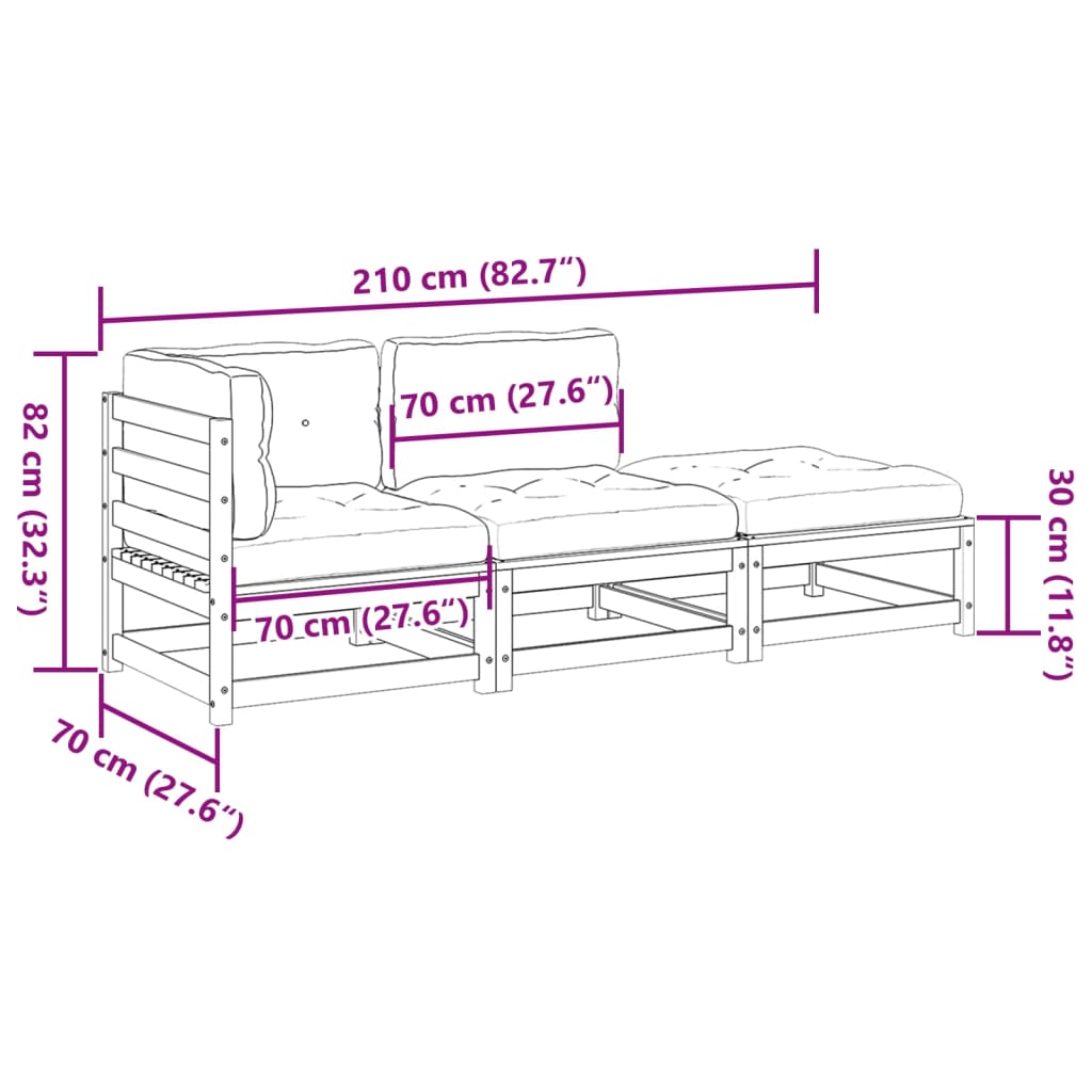 vidaXL 3-delige Loungeset met kussens massief grenenhout