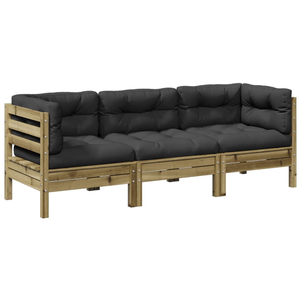 vidaXL 3-delige Loungeset met kussens massief grenenhout wasbruin