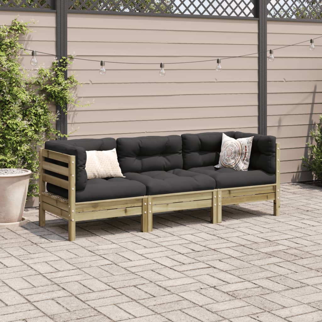 vidaXL 3-delige Loungeset met kussens massief grenenhout wasbruin