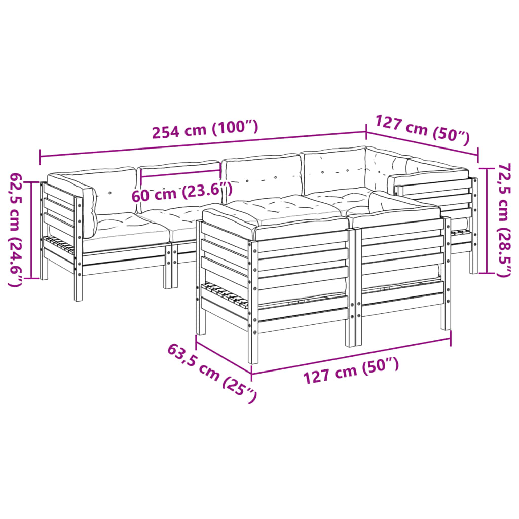 vidaXL 7-delige Loungeset met kussens massief grenenhout wasbruin