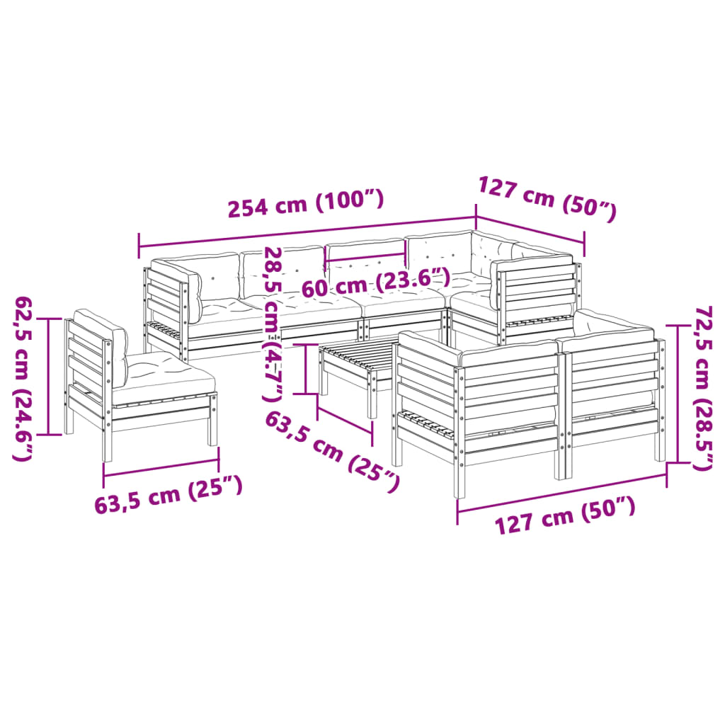 vidaXL 9-delige Loungeset met kussens massief grenenhout wasbruin