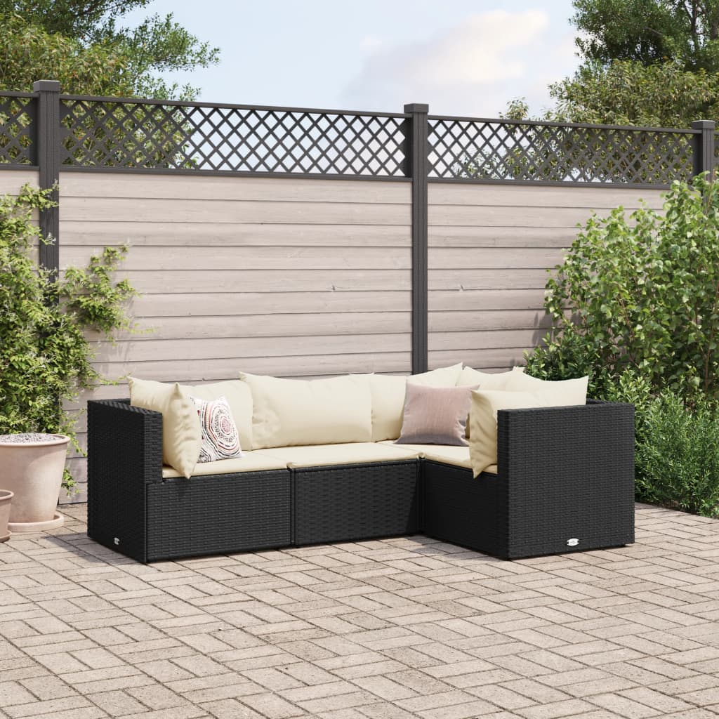 vidaXL 4-delige Loungeset met kussens poly rattan zwart