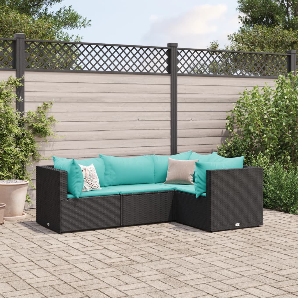 vidaXL 4-delige Loungeset met kussens poly rattan zwart