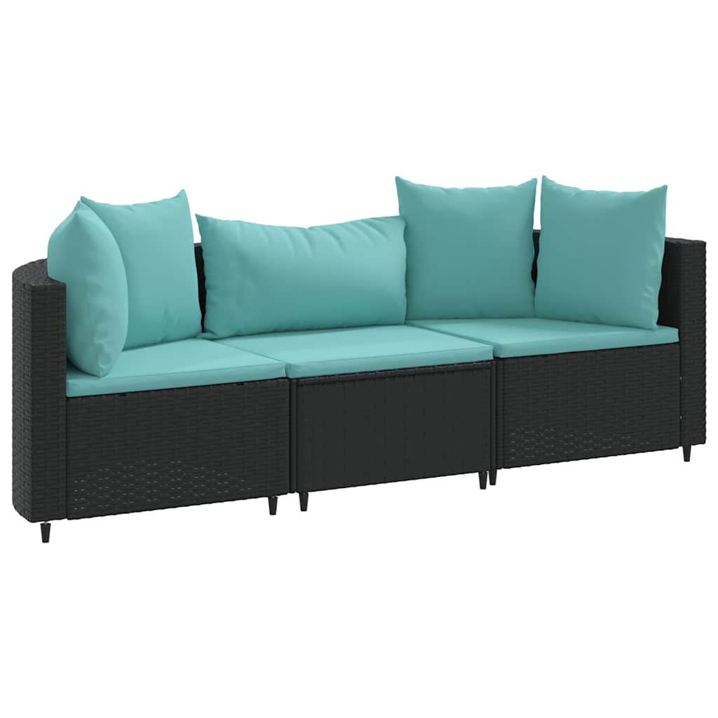 vidaXL 3-delige Loungeset met kussens poly rattan zwart