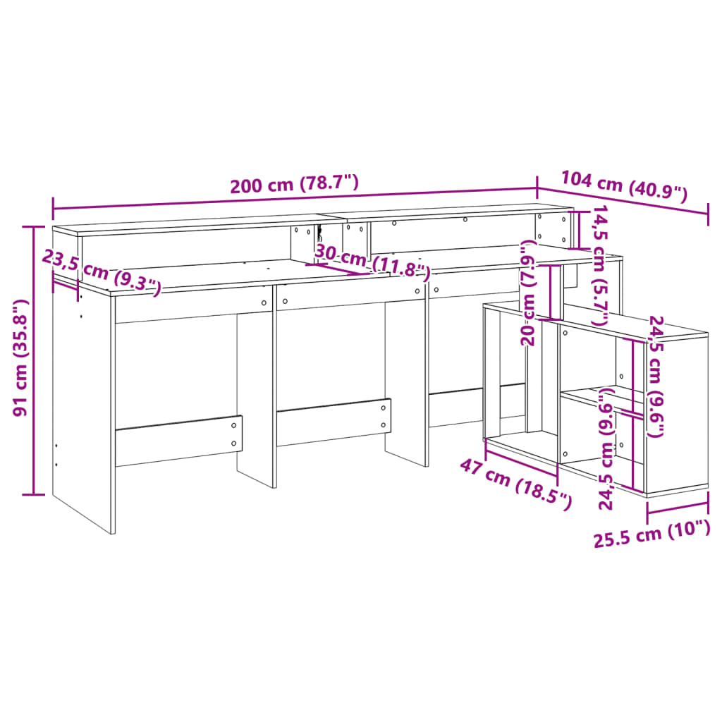 vidaXL Bureau met LED-verlichting 200x104x91 cm bewerkt hout wit