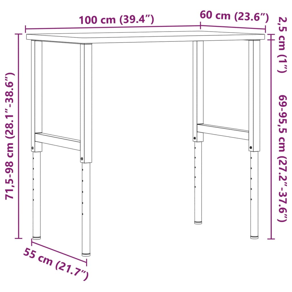 vidaXL Werkbank rechthoekig 100x60x(71,5-98) cm massief eikenhout