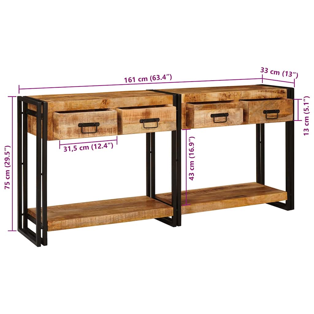 vidaXL Wandtafels 2 pcs Bruin 161 x 33 x 75 cm Massief Mango Hout