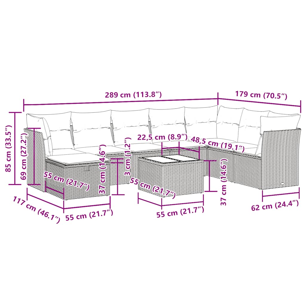 vidaXL 8-Piece Lounge Set with Cushions Poly Rattan Black