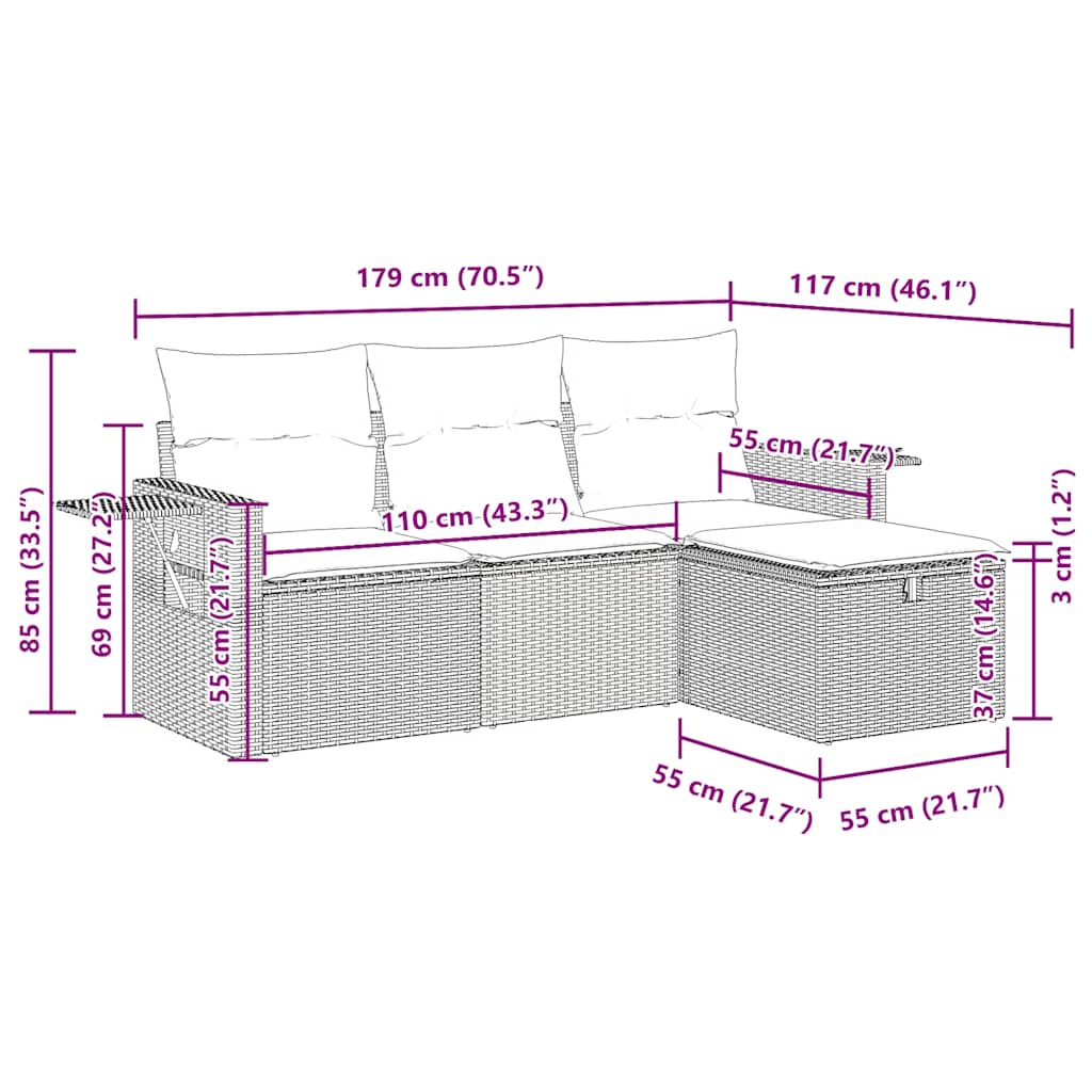 vidaXL 4-delige Loungeset met kussens poly rattan zwart