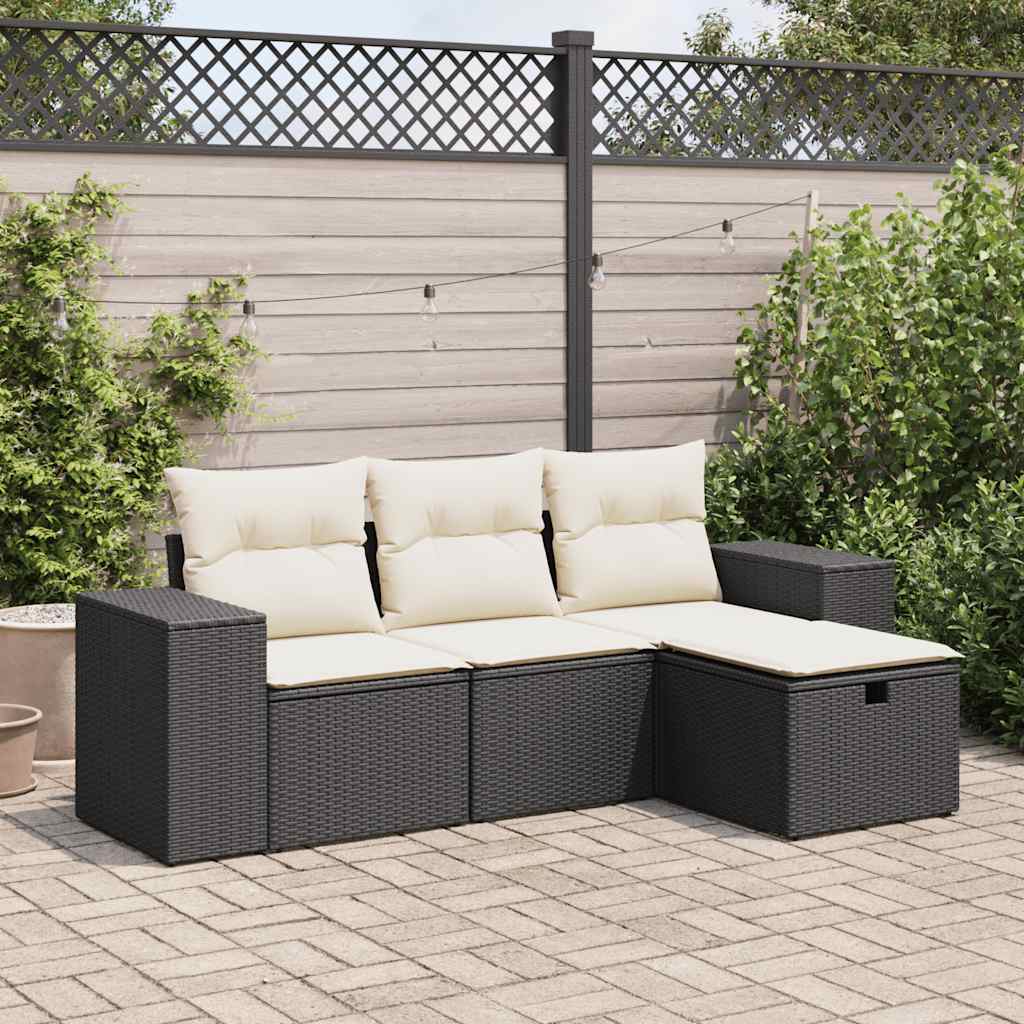 vidaXL 4-delige Loungeset met kussens poly rattan zwart